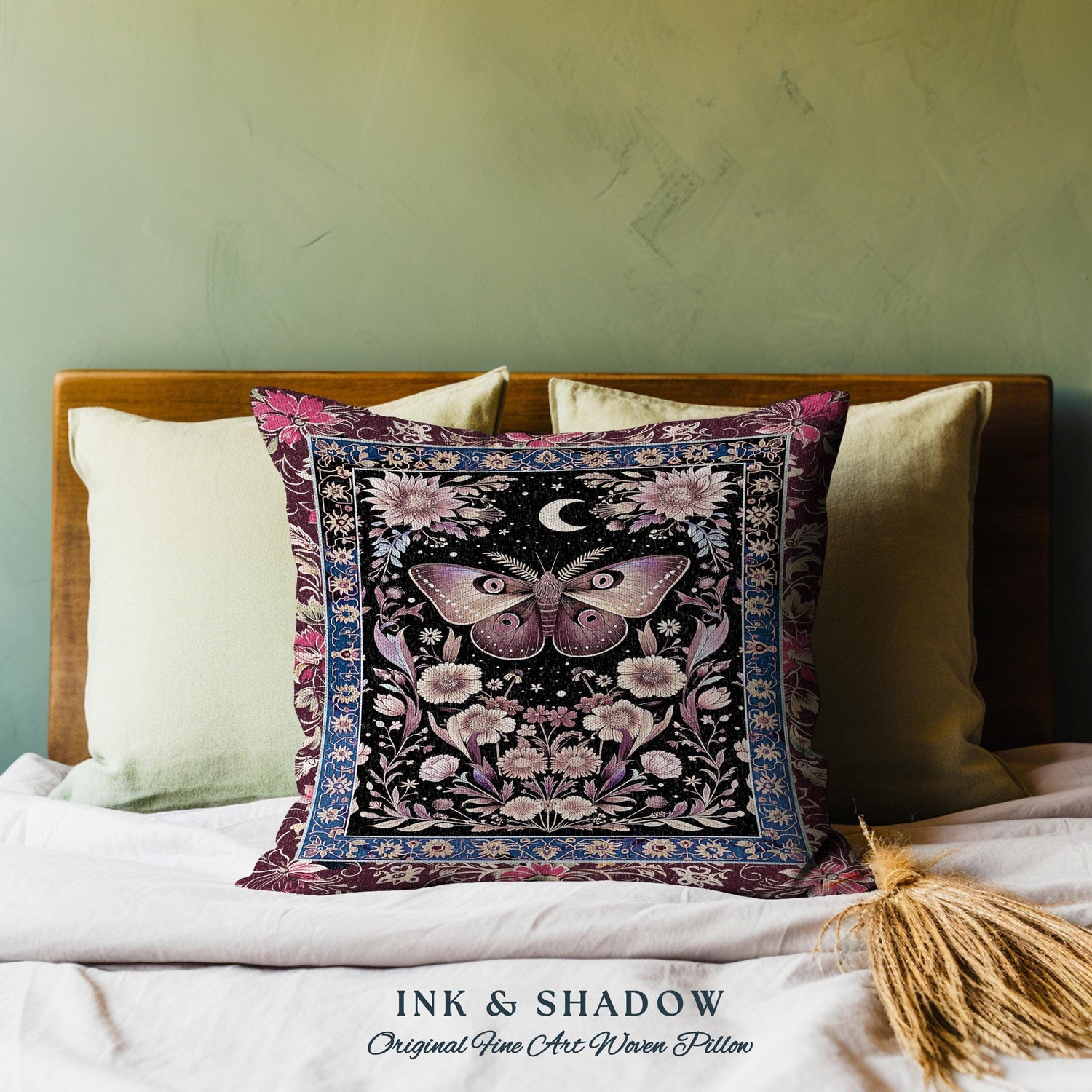 Mystic Moth Moon Woven Pillow Whimsigothic Purple Dark Cottgecore Decor | Whimsical Boho Butterfly Dark Floral Fairycore Tapestry Cushion