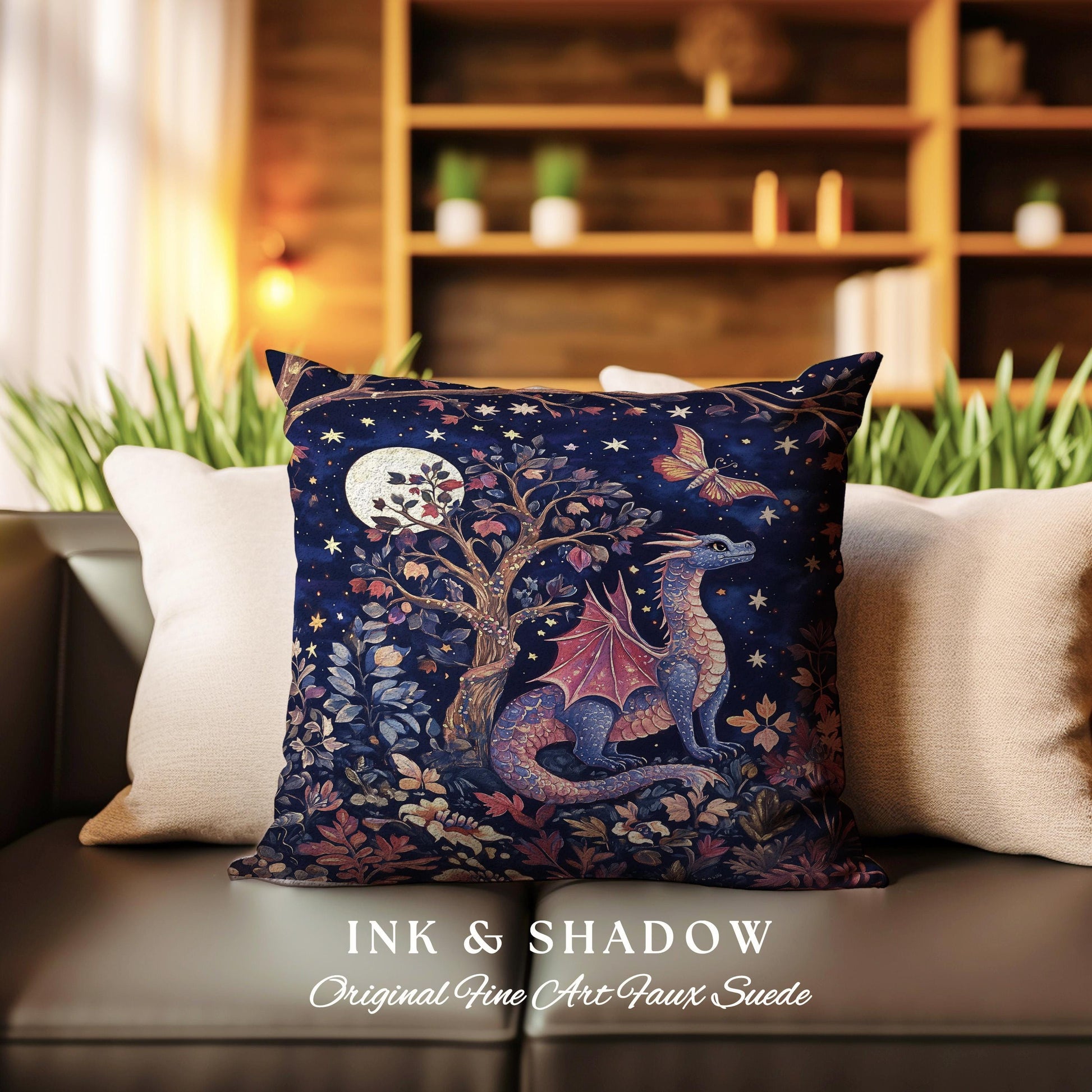 Mystical Night Sky Dragon Pillow Enchanted Woodland Decor | Moonlit Forest Whimsigothic Tapestry Cushion Celestial Dark Academia Fantasy Art