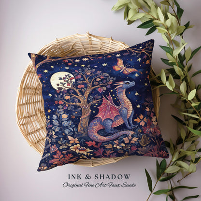 Mystical Night Sky Dragon Pillow Enchanted Woodland Decor | Moonlit Forest Whimsigothic Tapestry Cushion Celestial Dark Academia Fantasy Art