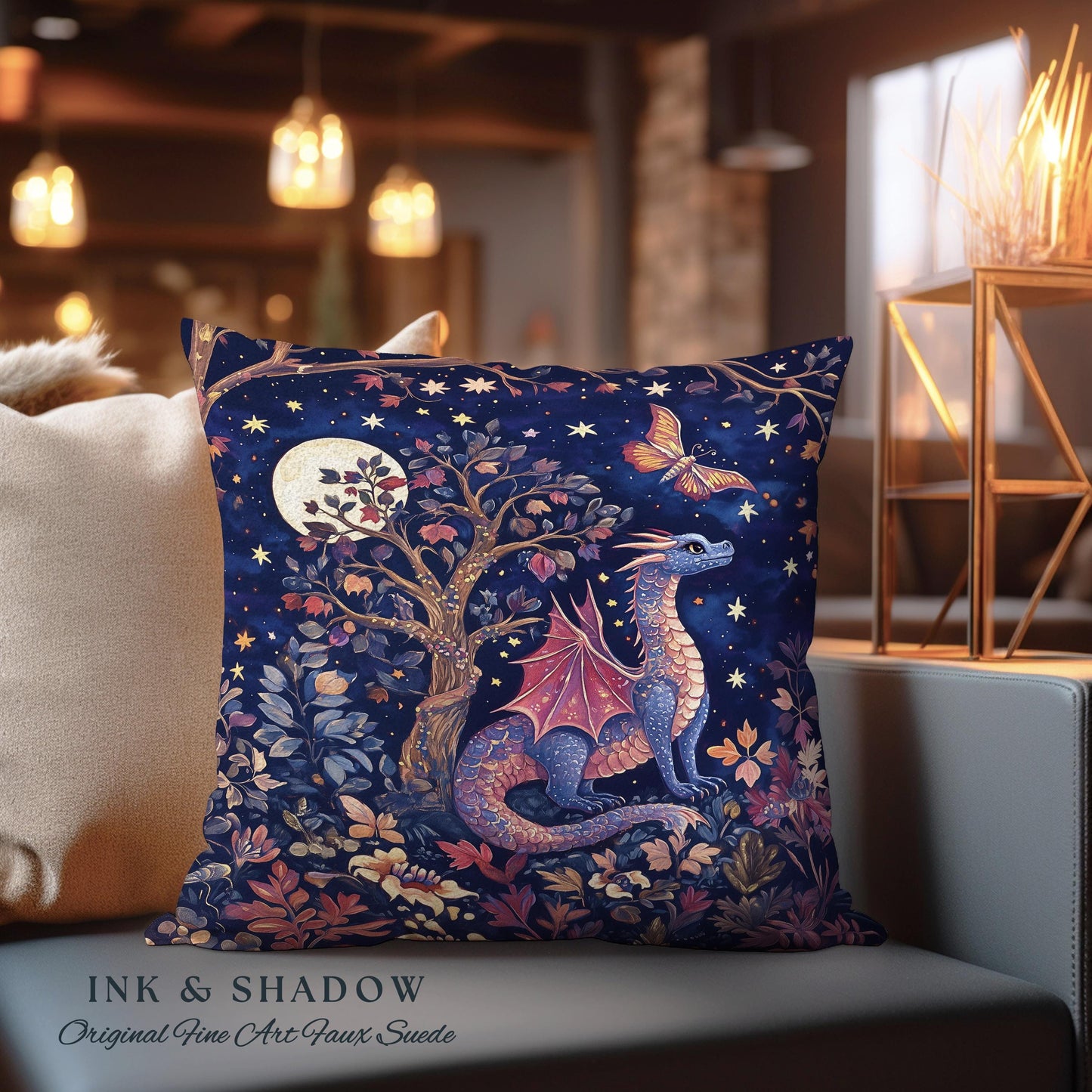 Mystical Night Sky Dragon Pillow Enchanted Woodland Decor | Moonlit Forest Whimsigothic Tapestry Cushion Celestial Dark Academia Fantasy Art