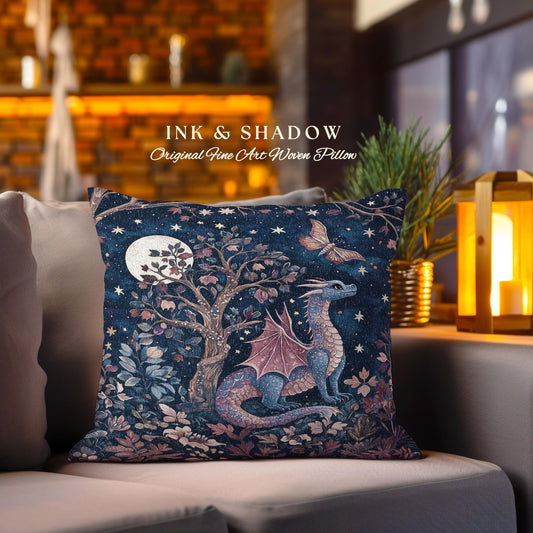 Mystical Night Sky Dragon Pillow Enchanted Woodland Decor | Moonlit Forest Whimsigothic Tapestry Cushion Celestial Dark Academia Fantasy Art