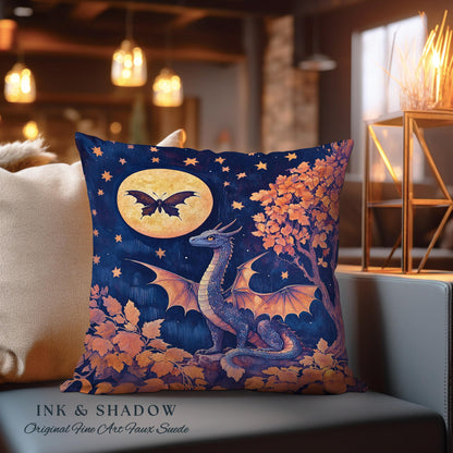 Whimsical Celestial Dragon Pillow Enchanted Forest Starry Night Cushion | Magical Woodland Goblincore Mystical Moon Fairytale Ethereal Art