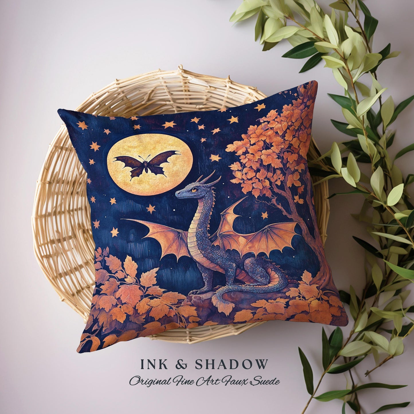 Whimsical Celestial Dragon Pillow Enchanted Forest Starry Night Cushion | Magical Woodland Goblincore Mystical Moon Fairytale Ethereal Art