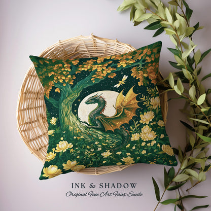 Mystical Forest Green Woodland Gothic Dragon Pillow Full Moon Celestial Magic Fantasy Art, Whimsigothic Enchanted Fairytale Academia Cushion