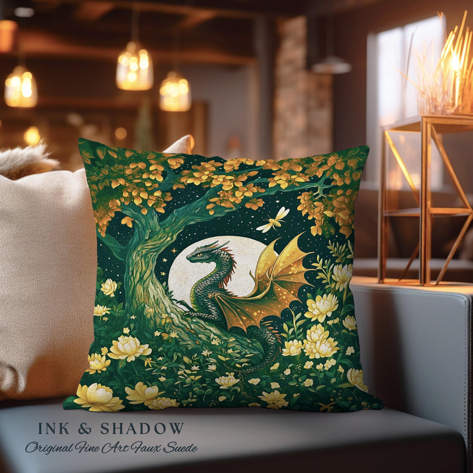 Mystical Forest Green Woodland Gothic Dragon Pillow Full Moon Celestial Magic Fantasy Art, Whimsigothic Enchanted Fairytale Academia Cushion