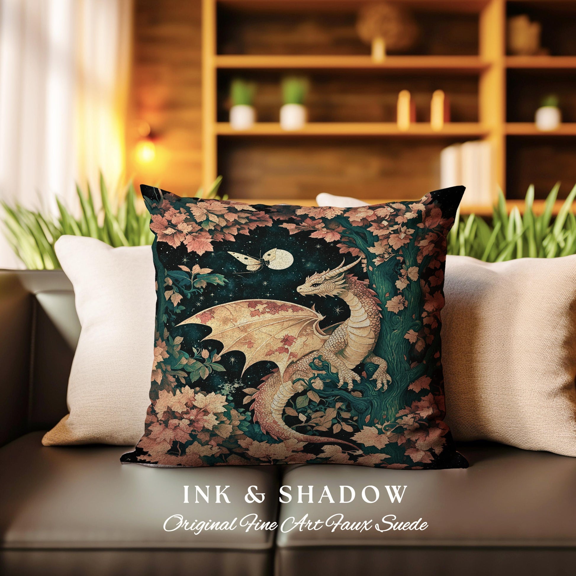 Antique Mystical Ethereal Dragon Tapestry Pillow Moonlit Forest Fairytale Academia | Enchanted Fairycore Celestial Night Art Fantasy Cushion