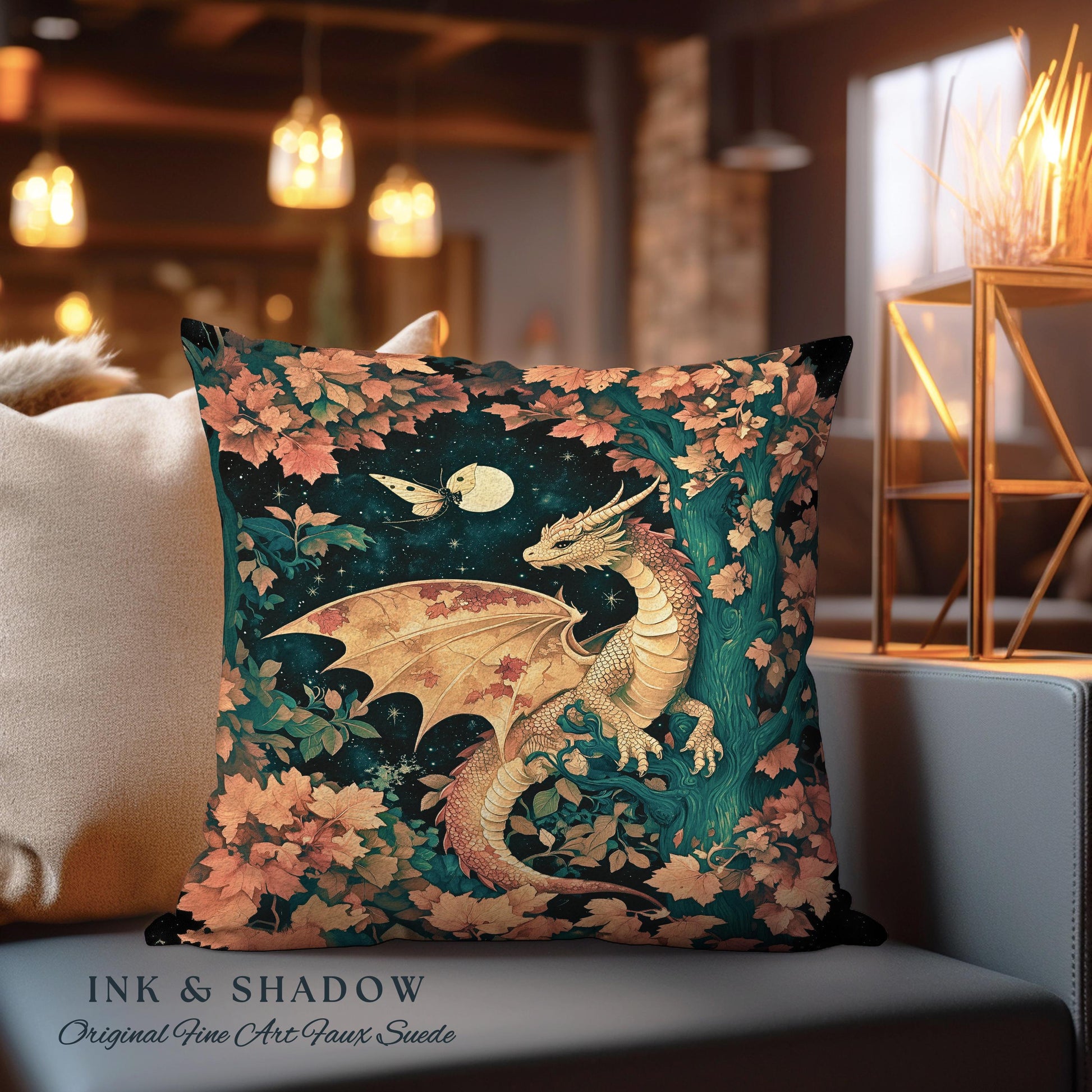 Antique Mystical Ethereal Dragon Tapestry Pillow Moonlit Forest Fairytale Academia | Enchanted Fairycore Celestial Night Art Fantasy Cushion