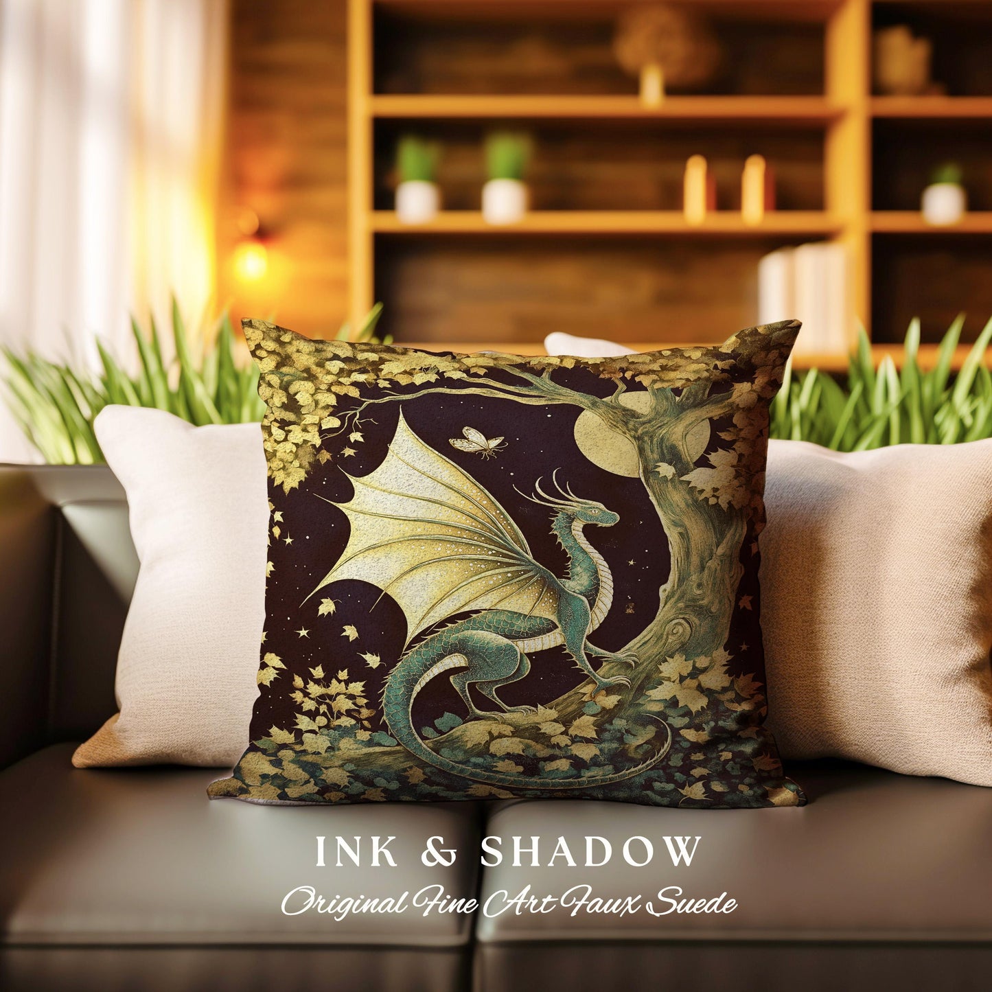 Gilded Hygge Antique Mystical Dragon Pillow Moonlit Forest Fantasy Art | Vintage Celestial Romantic Baroque Woodland Gothic Tapestry Cushion