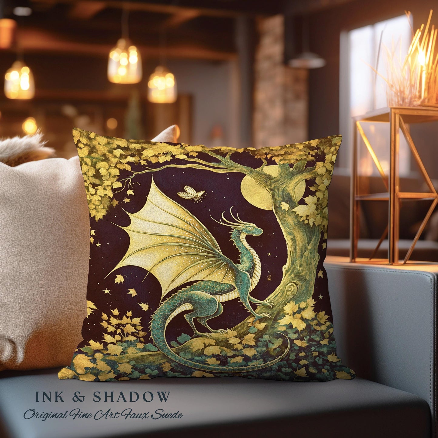 Gilded Hygge Antique Mystical Dragon Pillow Moonlit Forest Fantasy Art | Vintage Celestial Romantic Baroque Woodland Gothic Tapestry Cushion