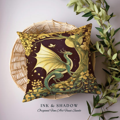 Gilded Hygge Antique Mystical Dragon Pillow Moonlit Forest Fantasy Art | Vintage Celestial Romantic Baroque Woodland Gothic Tapestry Cushion