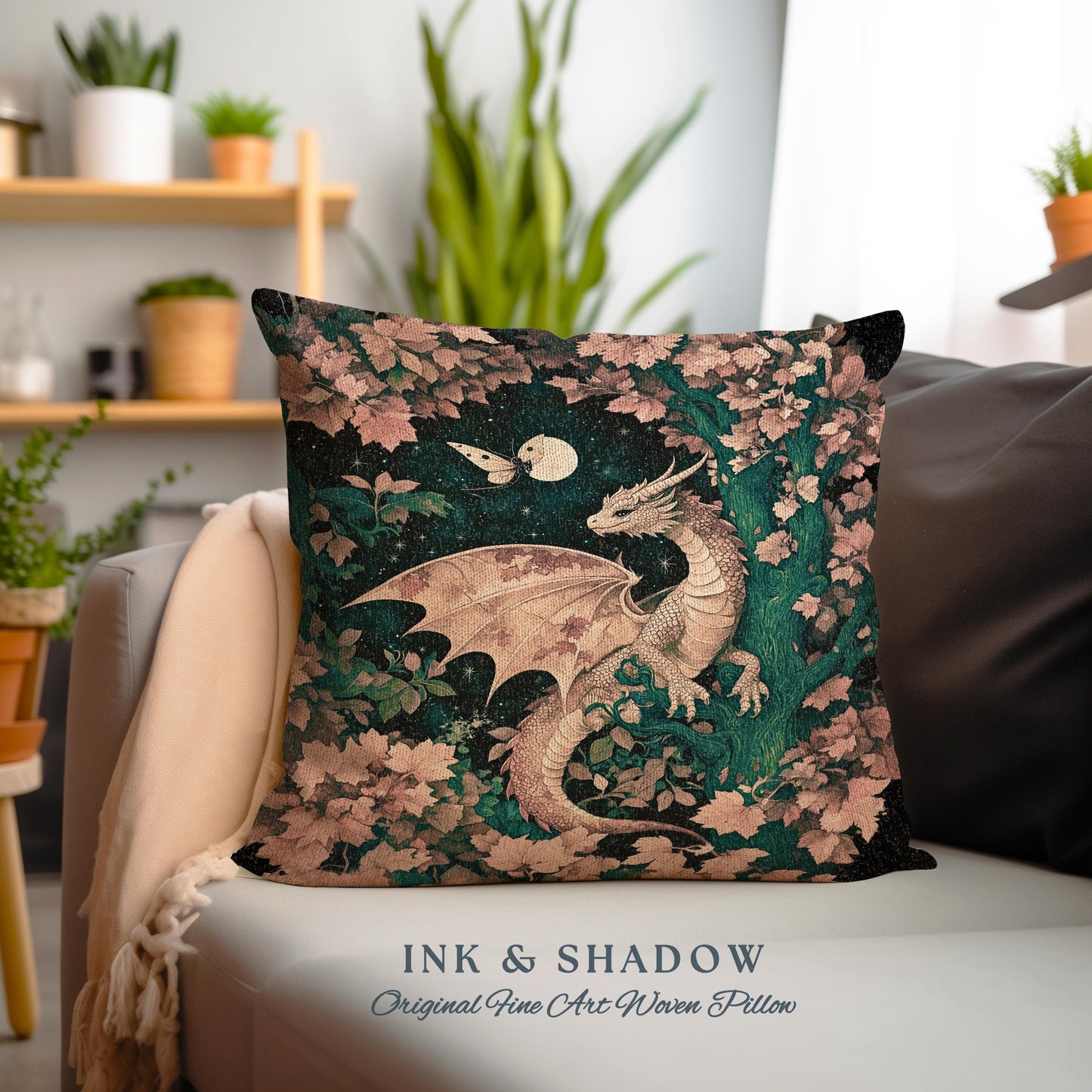 Antique Mystical Ethereal Dragon Tapestry Pillow Moonlit Forest Fairytale Academia | Enchanted Fairycore Celestial Night Art Fantasy Cushion