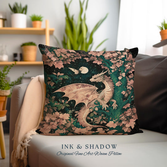 Antique Mystical Ethereal Dragon Tapestry Pillow Moonlit Forest Fairytale Academia | Enchanted Fairycore Celestial Night Art Fantasy Cushion