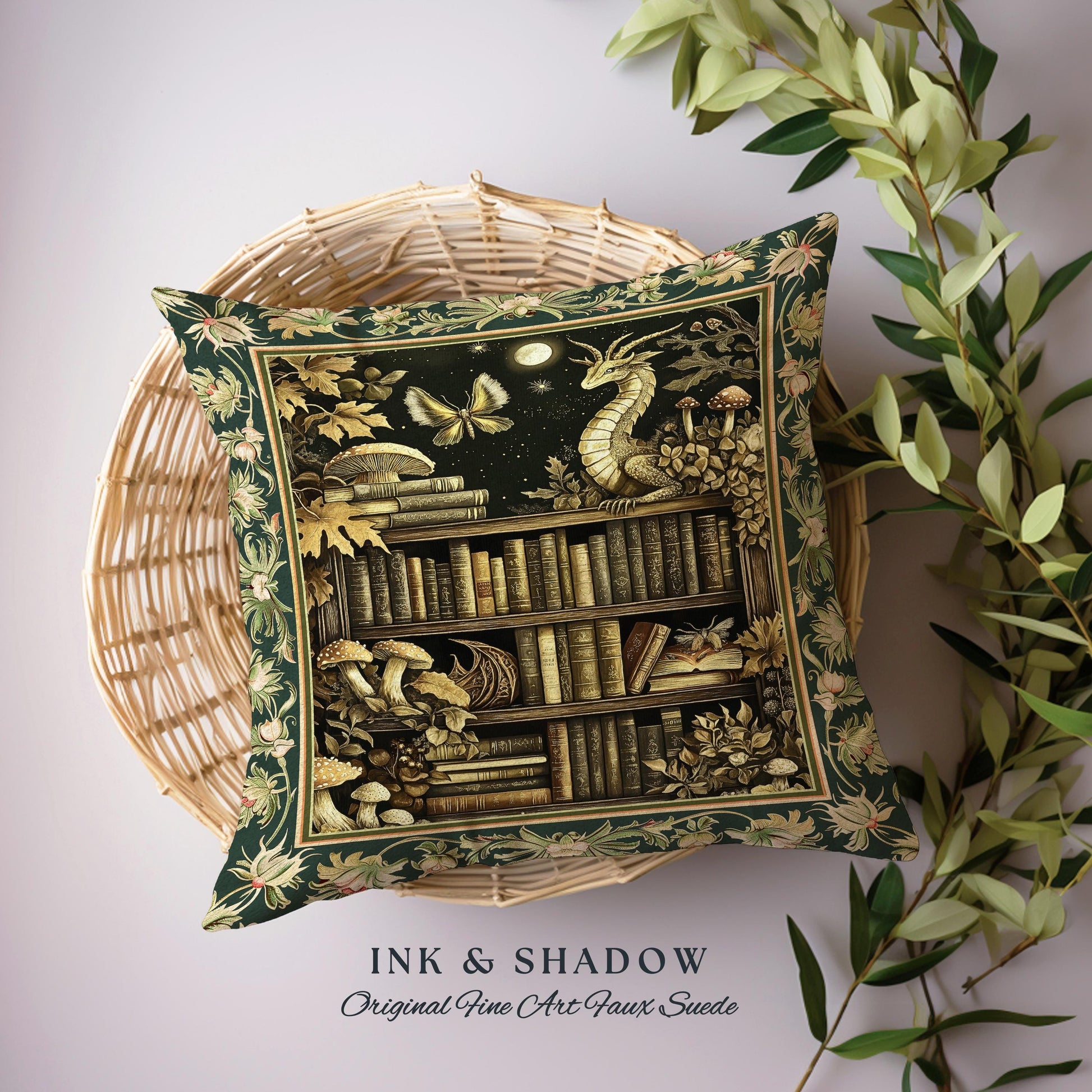 Enchanted Library Dragon Tapestry Pillow Mystical Dark Academia Bookshelf Fantasy Cushion | Vintage Gothic Cottagecore Bookish Reading Nook