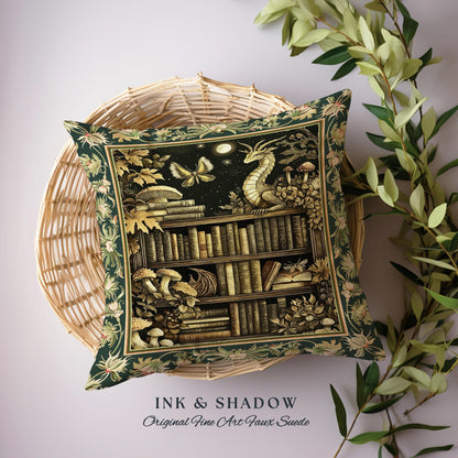 Enchanted Library Dragon Tapestry Pillow Mystical Dark Academia Bookshelf Fantasy Cushion | Vintage Gothic Cottagecore Bookish Reading Nook