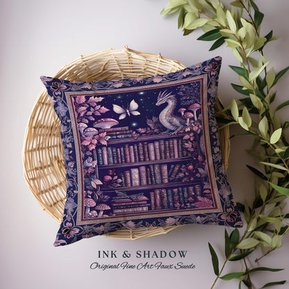 Fairytale Dragon Books Pillow Mystical Cottagecore Purple Cushion | Whimsical Witchy Reading Nook Tapestry Enchanted Victorian Academia Art