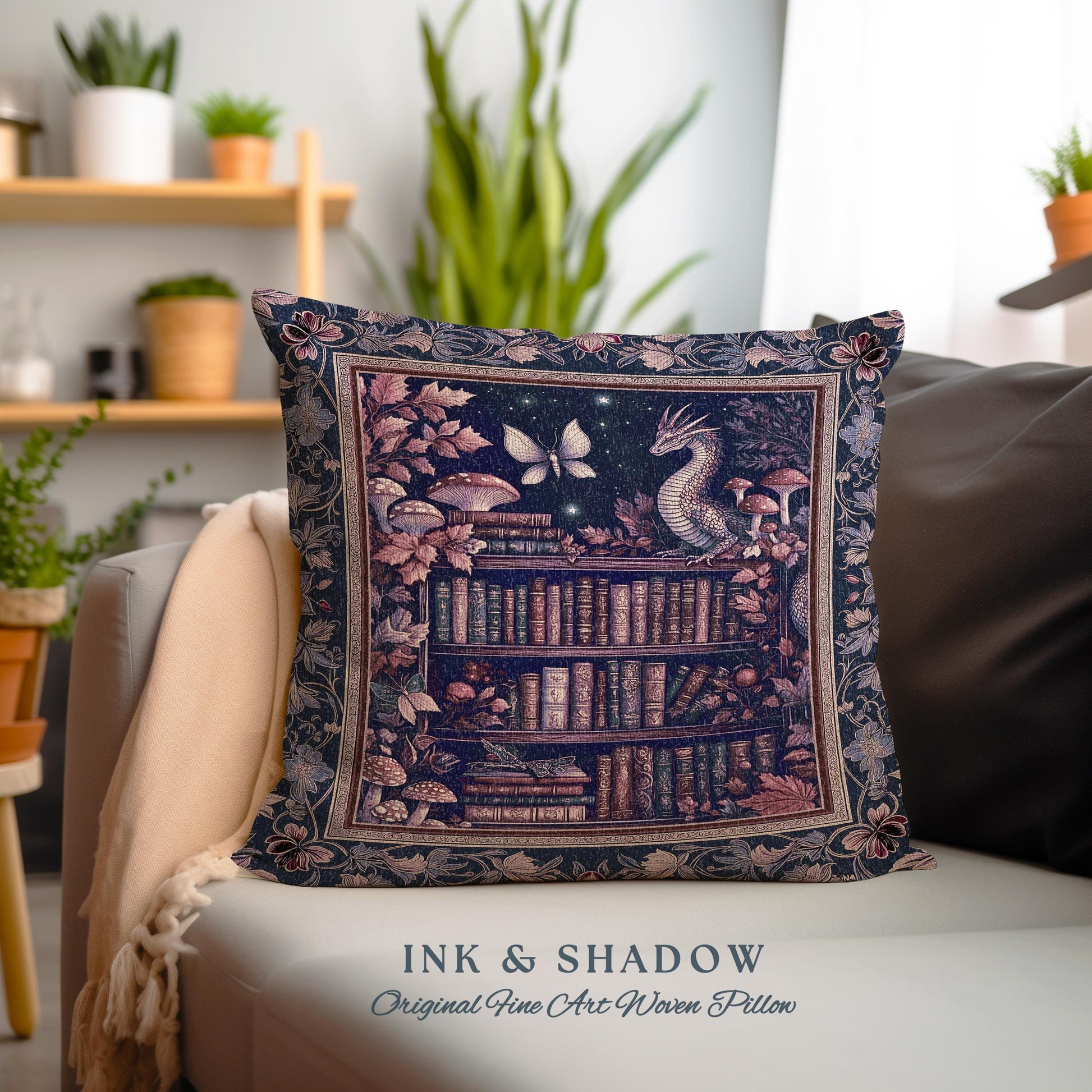 Fairytale Dragon Books Pillow Mystical Cottagecore Purple Cushion | Whimsical Witchy Reading Nook Tapestry Enchanted Victorian Academia Art