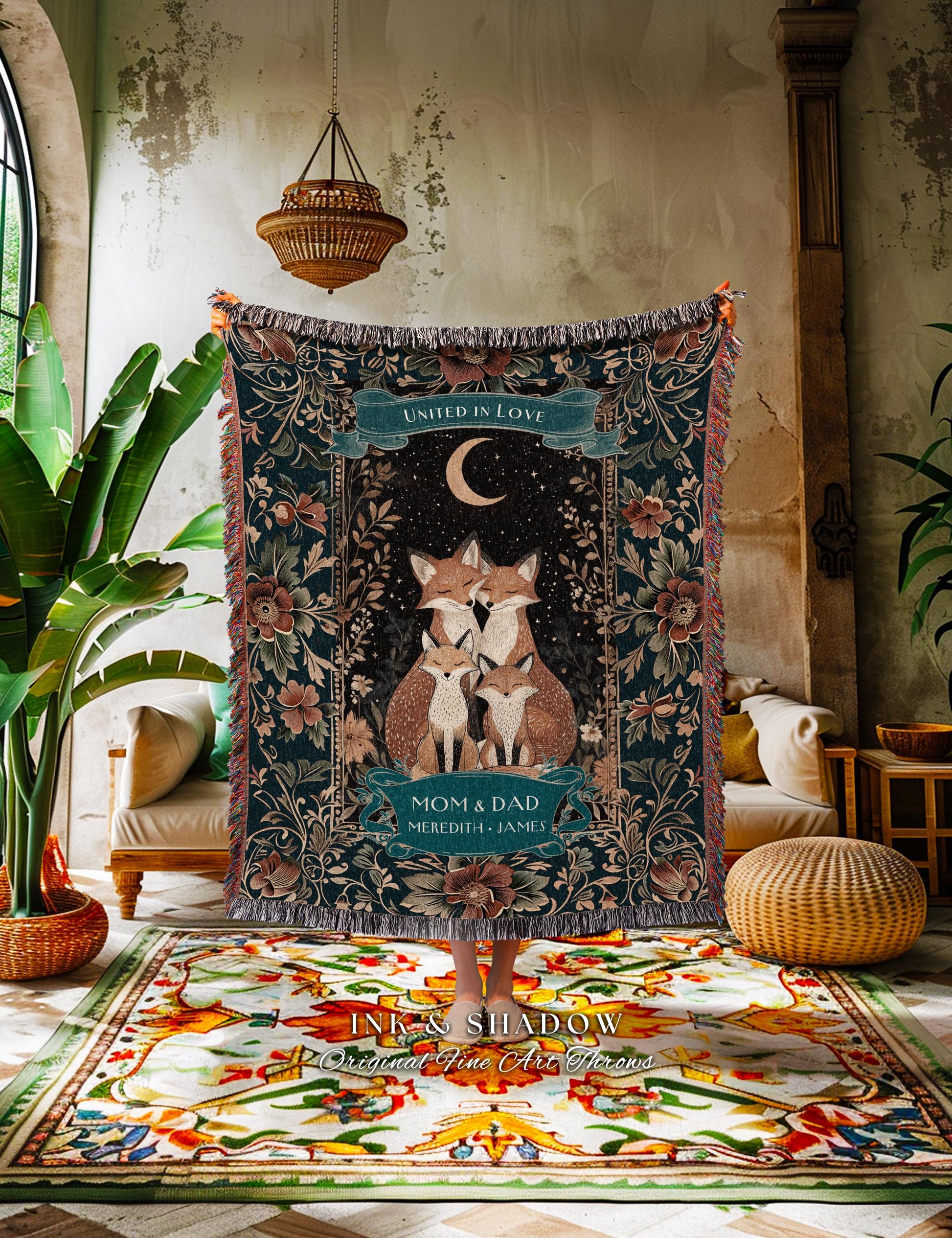 Our Woodland Family Personalized Names | Boho Cottagecore Fox Family Woven Tapestry Blanket Custom Names Gift from Kids Woodland Celestial