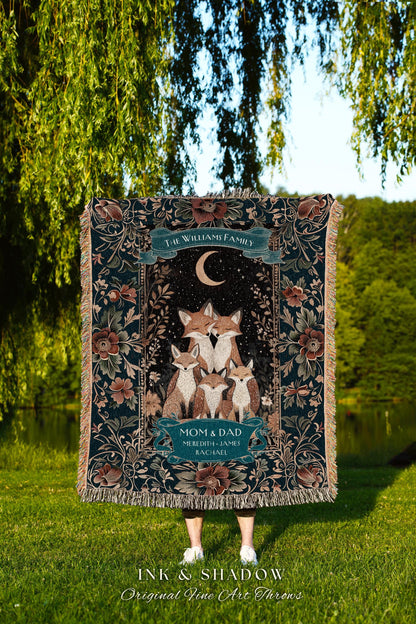 Personalized Fox Family Blanket Custom Names Meaningful Gift for Families, Woodland Animal Throw Rustic Cottagecore Decor for Mom Dad & Kids