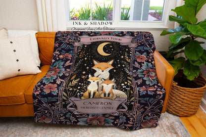 Folklore Aesthetic Custom Family Tapestry | Woodland Cottagecore Fox Family Woven Tapestry Blanket Custom Names Gift from Kids Sentimental |