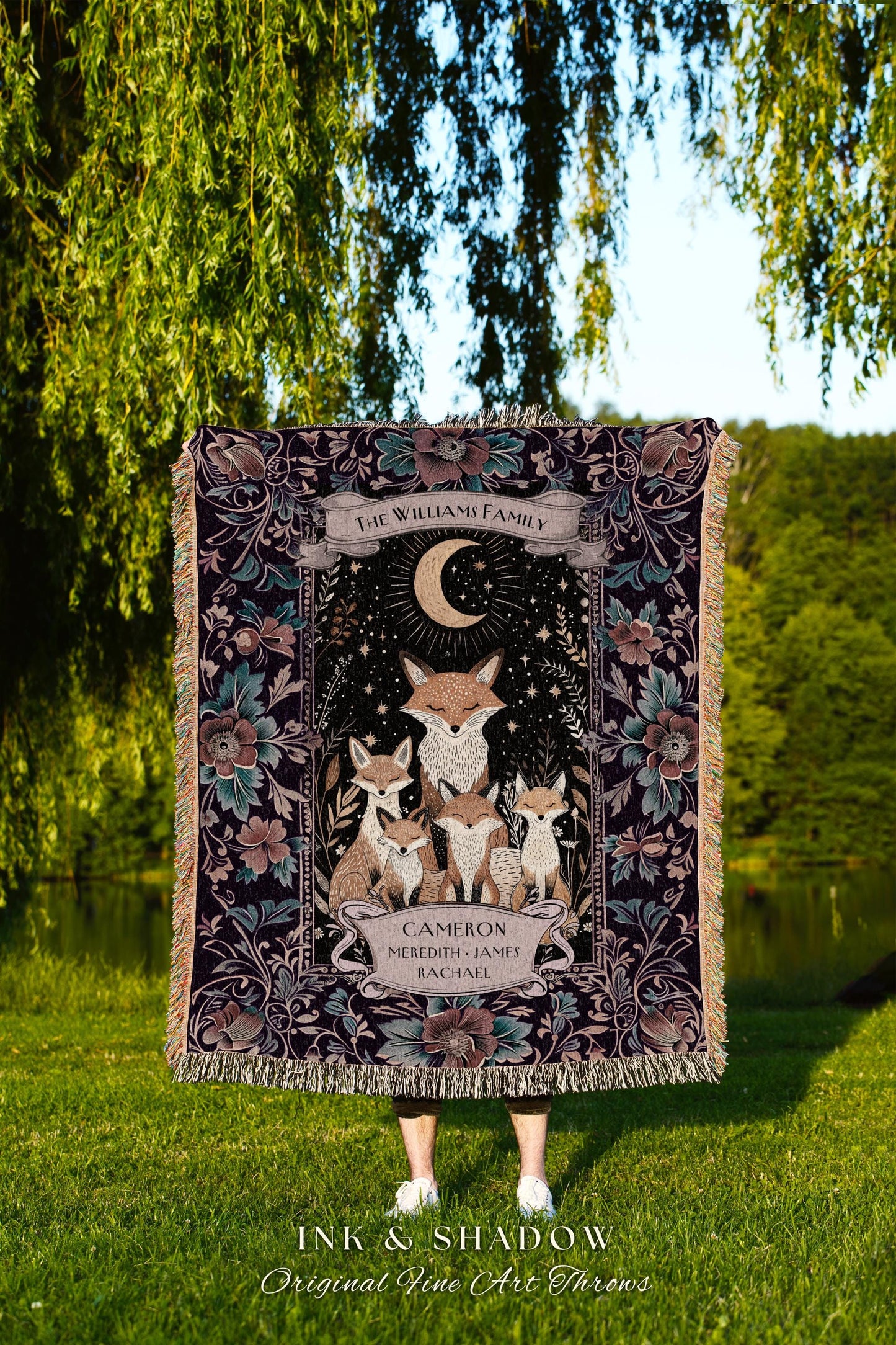 Whimsical Parent Child Keepsake Gift Nostagic Cottagecore Fox Family Blanket, Custom Names Gift from Kids Woodland Celestial Tapestry Throw