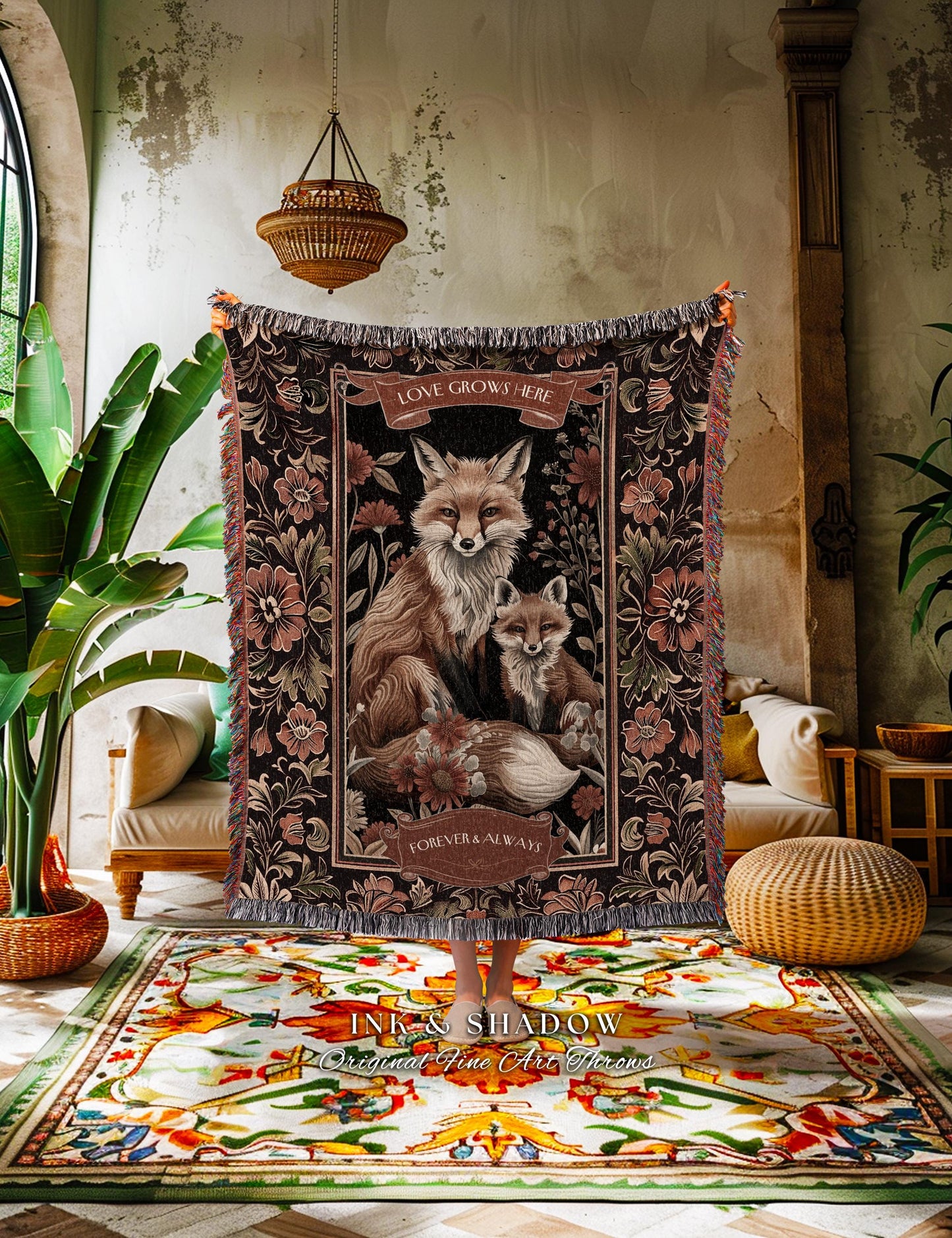 Custom Fox Parent & Child Blanket for Mom or Dad Meaningful Gift, Cozy Woodland Cottagecore Personalized Sentimental Family Tapestry Throw