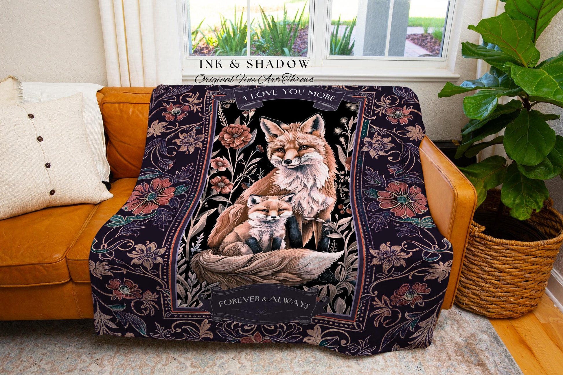 Enchanted Forest Fox Parent Child Nostalgic Cottagecore Blanket, Custom Woodland Keepsake Tapestry Throw New New Mom Dad Gift from Children