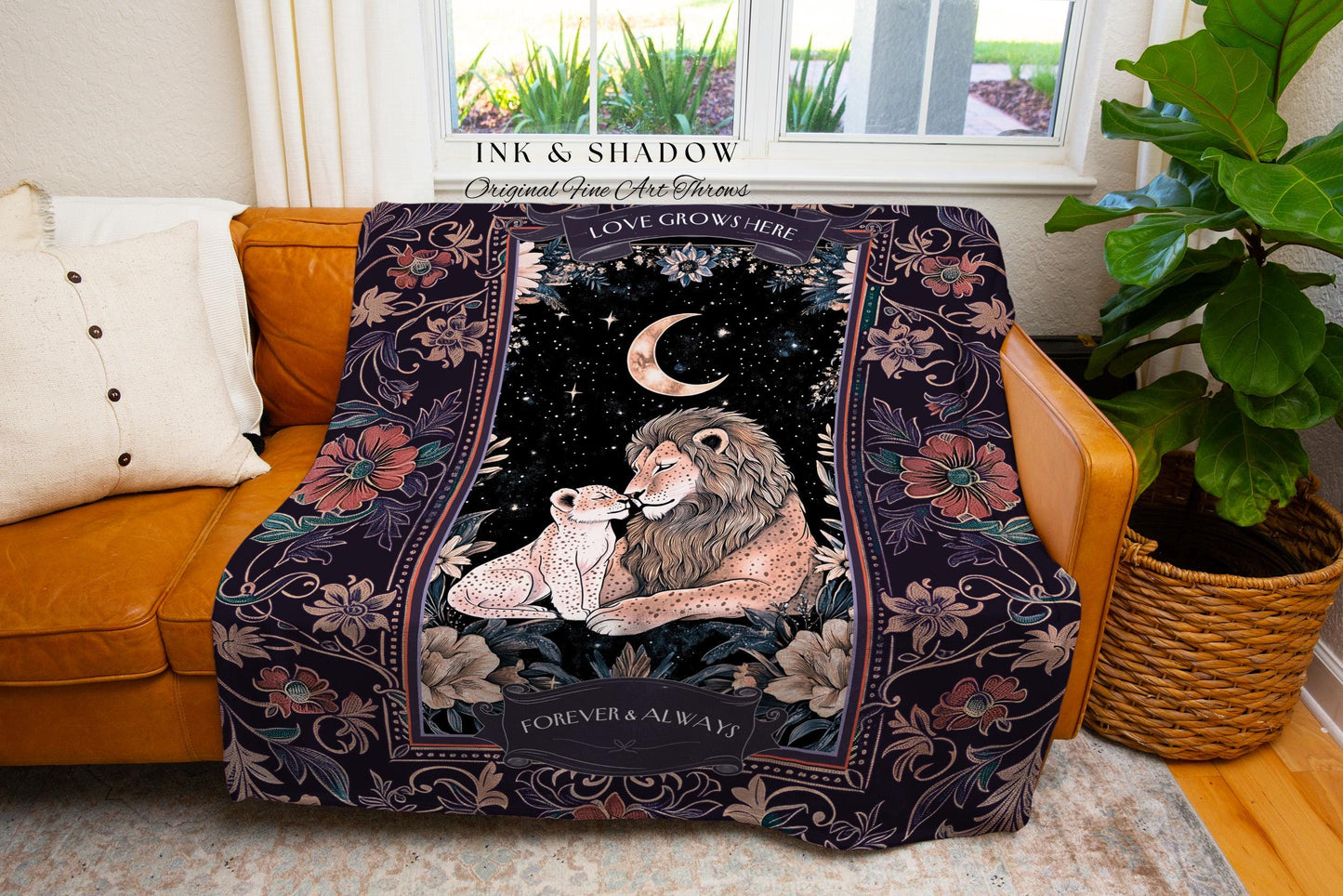 Love Grows Here Lion Family Blanket Custom Parent & Child Enchanted Celestial Cottagecore Woodland Whimsy Throw Meaningful Personalized Gift