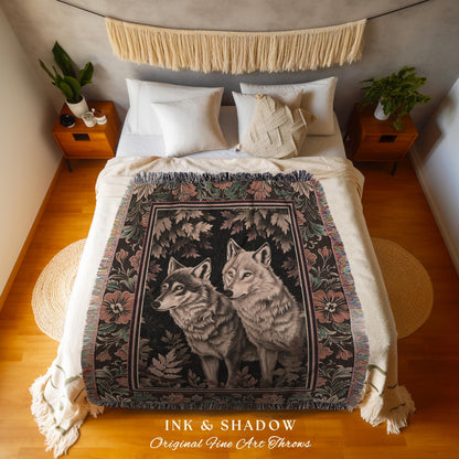 Victorian Gothic Wolf Blanket Dark Enchanted Forest Antique Baroque Decor, Whimsical Woodland Wolves Art Medieval Cottagecore Tapestry Throw