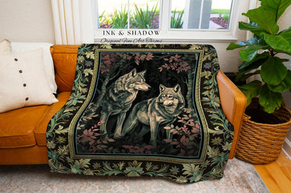 Woodsy Aesthetic Wolf Tapestry | Botanical Cabincore Cozy Woven Throw Blanket Hygge Bedding Lakehouse Throw Woodland Gothic Folklore Style |