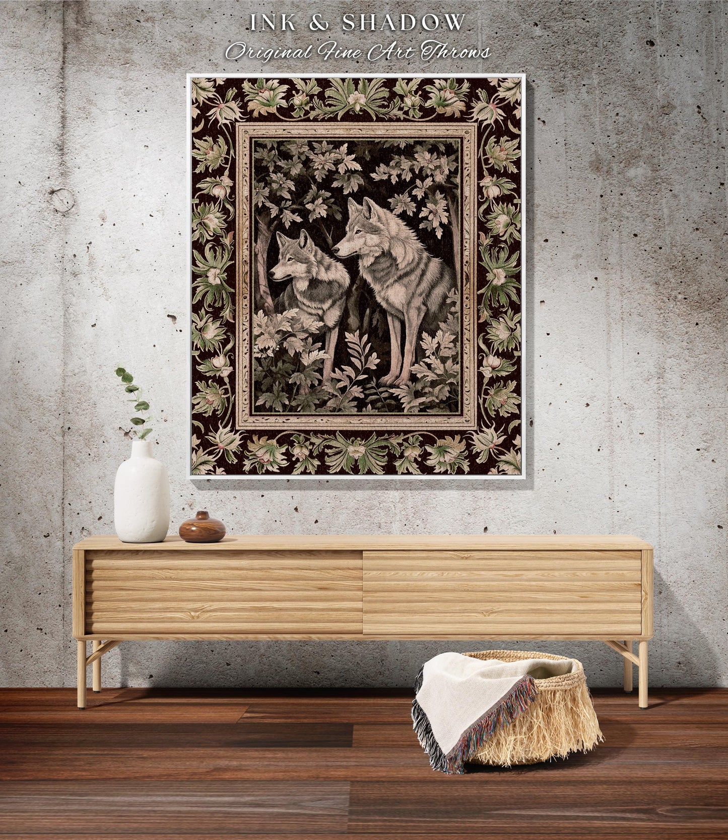 Ethereal Forest Wolves Art Blanket Enchanted Folklore Forestcore Tapestry Blanket, Whimsical Woodland Gothic Ornate Baroque Whimsy Fairycore