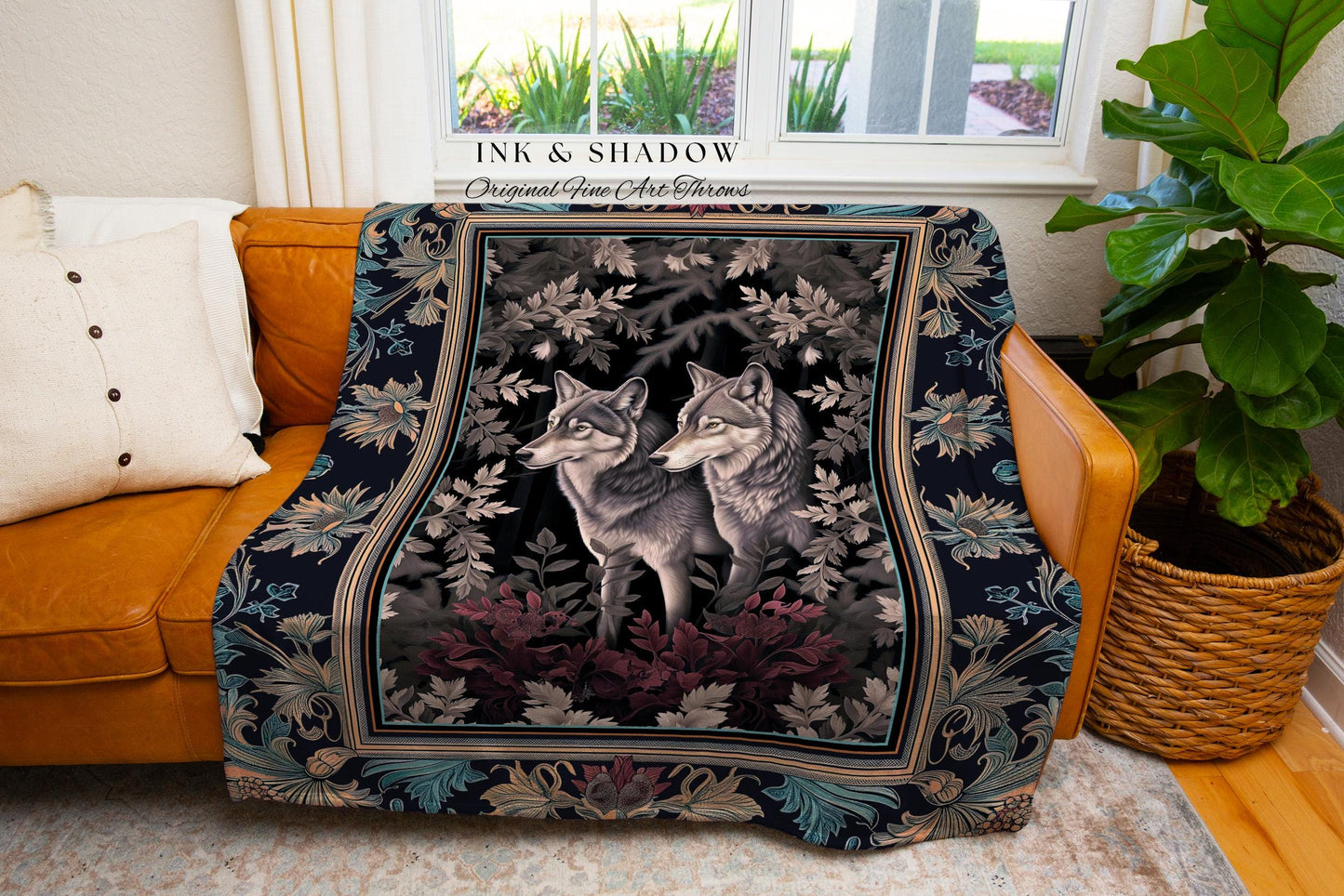 Cabincore Cozy Woodland Wolf Blanket | Ethereal Botanical Enchanted Forest Mystic Wolf Blanket Lake House Tapestry Fairy Aesthetic Gothic |