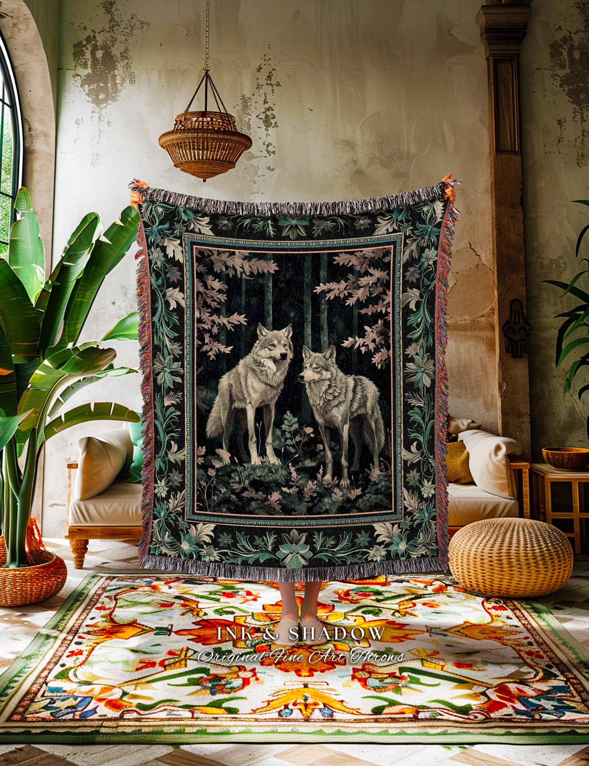 Deep Woods Moody Wolf Tapestry | Forestcore Botanical Gothic Woven Blanket Dark Academia Style Fairytale Bedroom Victorian Dark Maximalist