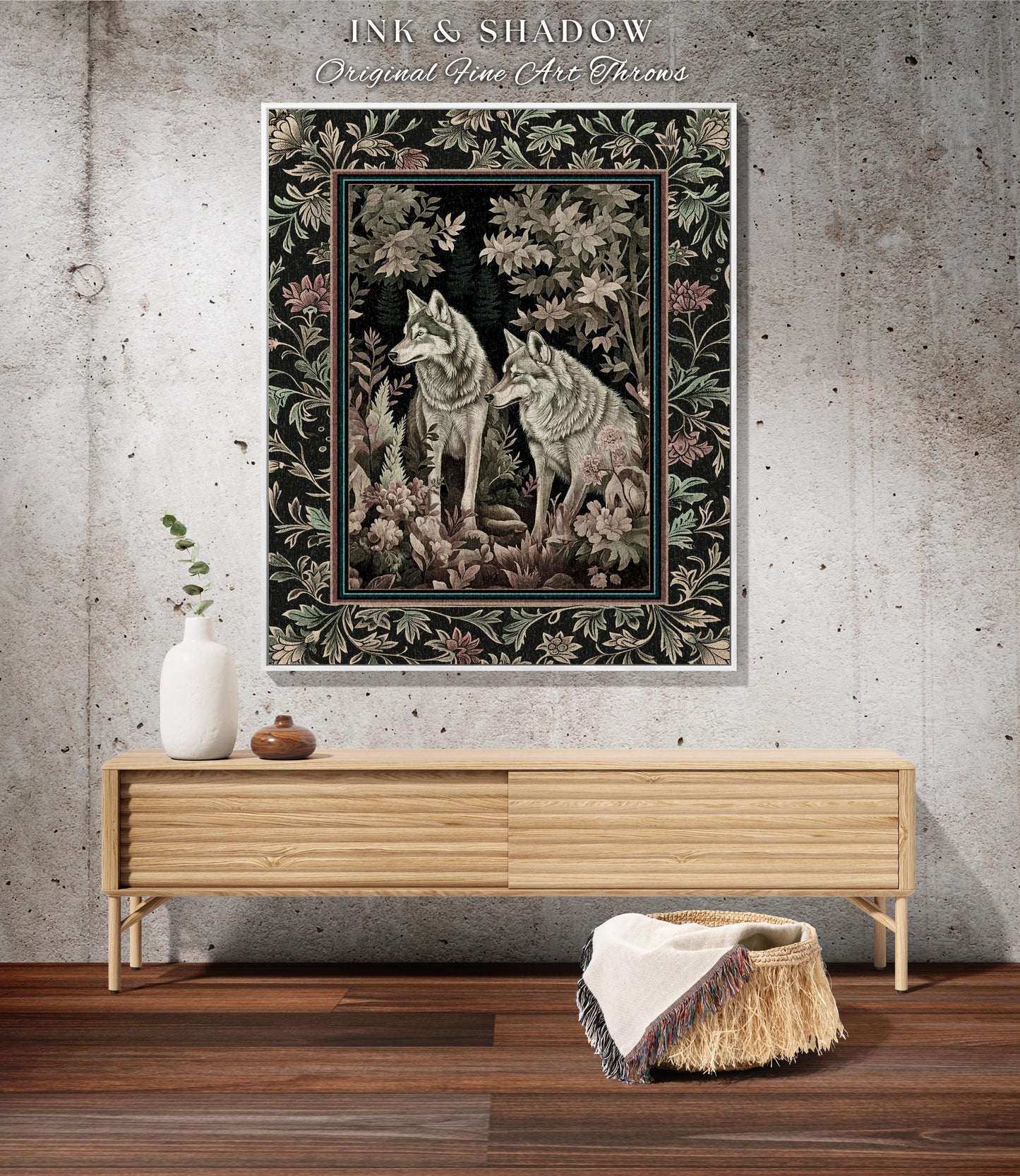 Witchy Woodland Wolves Tapestry | Whimsical Botanical Cozy Woven Throw Blanket Cabincore Bedding Forestcore Bedding Folklore Style Floral |