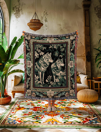 Cozy Cabincore Wolves Blanket | Hygge Bed Throw Scandinavian Woodland Gothic Woven Cotton Tapestry Maximalist Floral Medieval Folklore Style