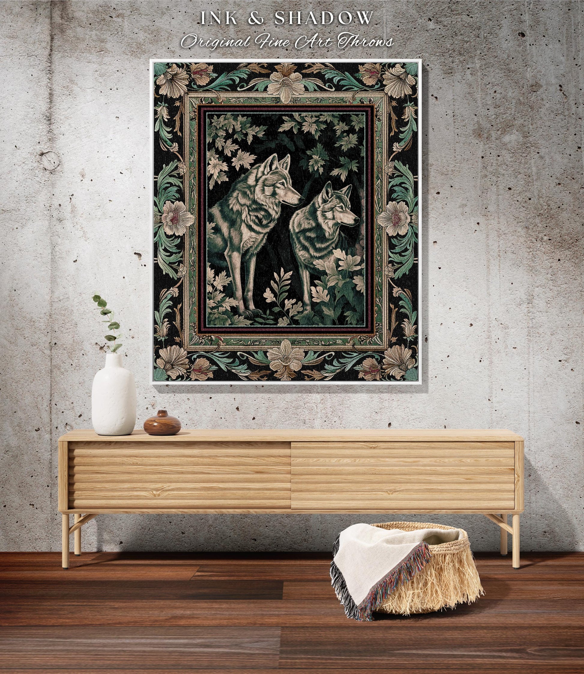 Cozy Cabincore Wolves Blanket | Hygge Bed Throw Scandinavian Woodland Gothic Woven Cotton Tapestry Maximalist Floral Medieval Folklore Style