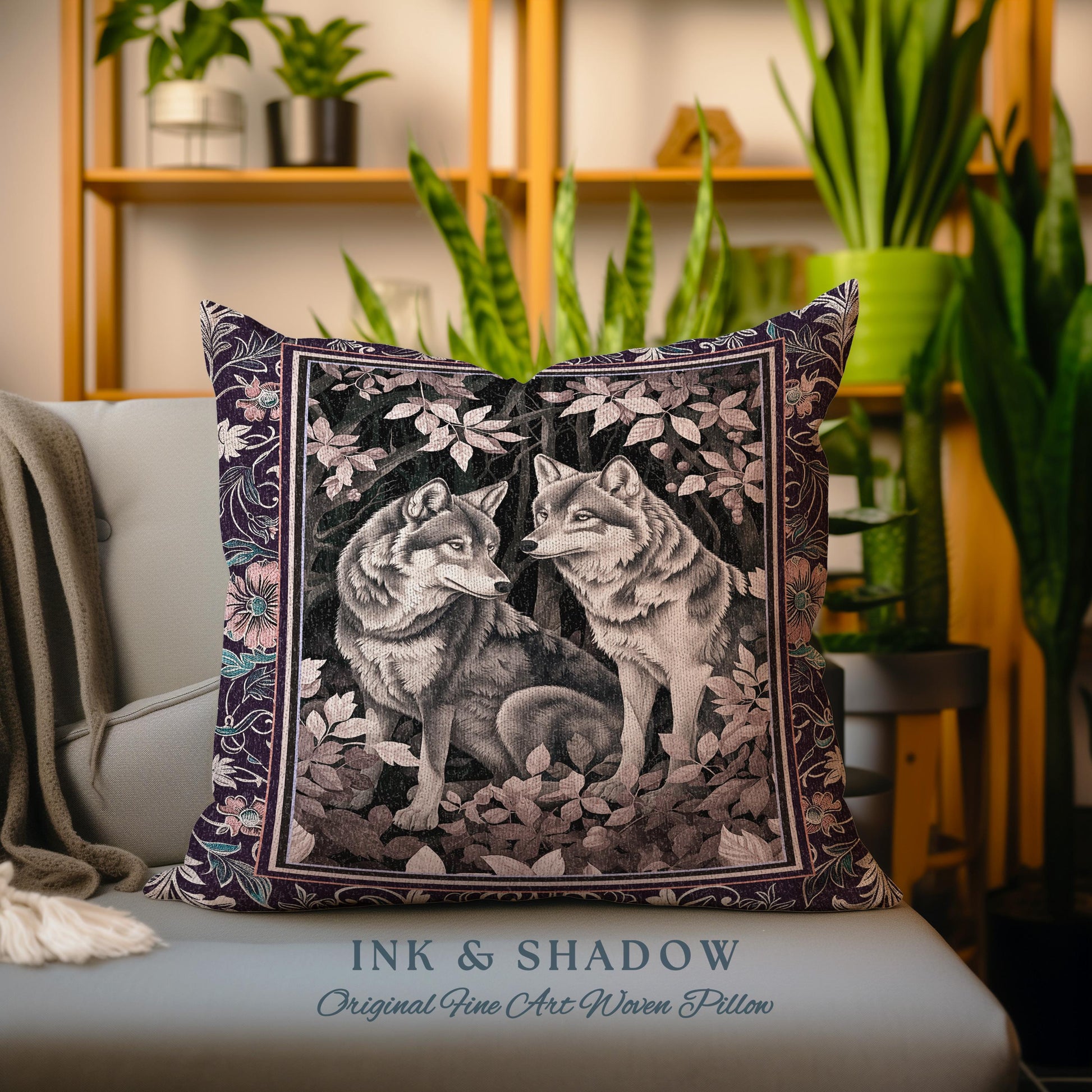 Mystic Wolf Woodland Gothic Pillow Enchanted Forest Wolves Nature Art, Victorian Dark Cottagecore Vintage Botanical Whimsy Tapestry Cushion