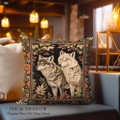 Victorian Gothic Wolf Pillow Dark Enchanted Forest Antique Baroque Decor Whimsical Woodland Wolves Art Medieval Cottagecore Tapestry Cushion