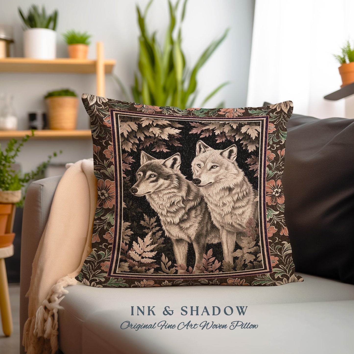 Victorian Gothic Wolf Pillow Dark Enchanted Forest Antique Baroque Decor Whimsical Woodland Wolves Art Medieval Cottagecore Tapestry Cushion