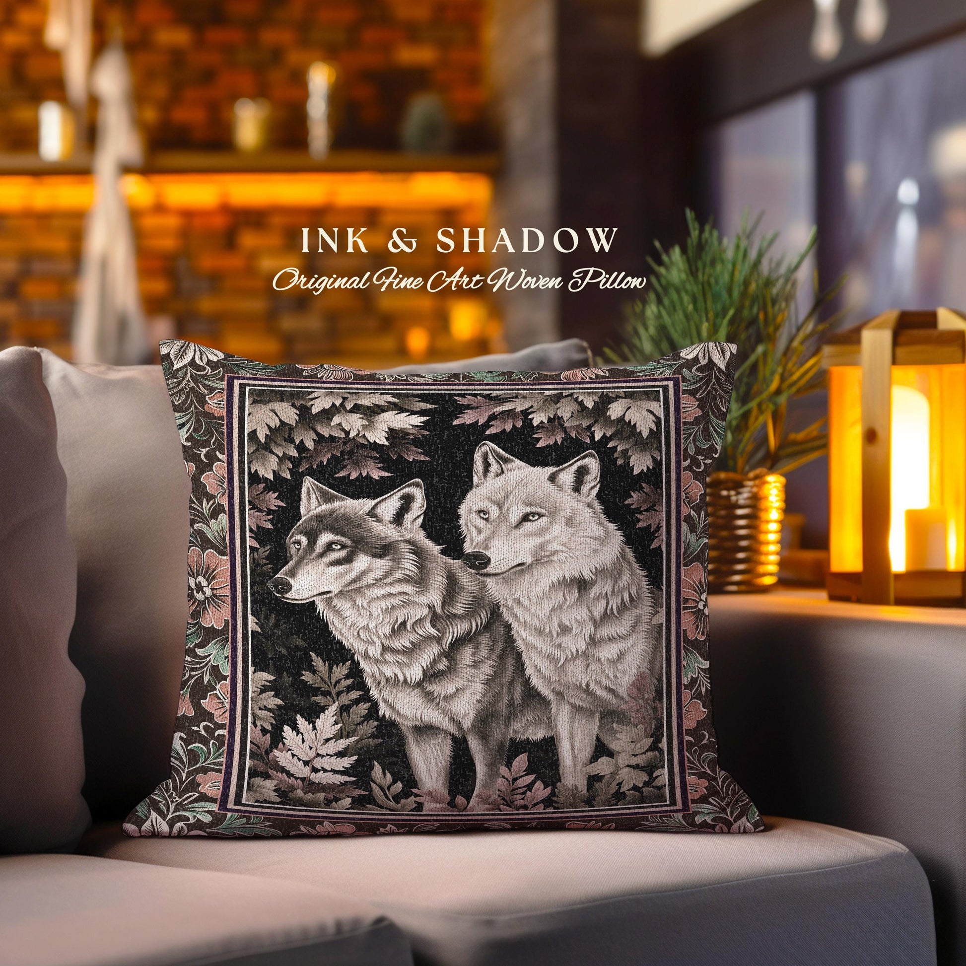 Victorian Gothic Wolf Pillow Dark Enchanted Forest Antique Baroque Decor Whimsical Woodland Wolves Art Medieval Cottagecore Tapestry Cushion