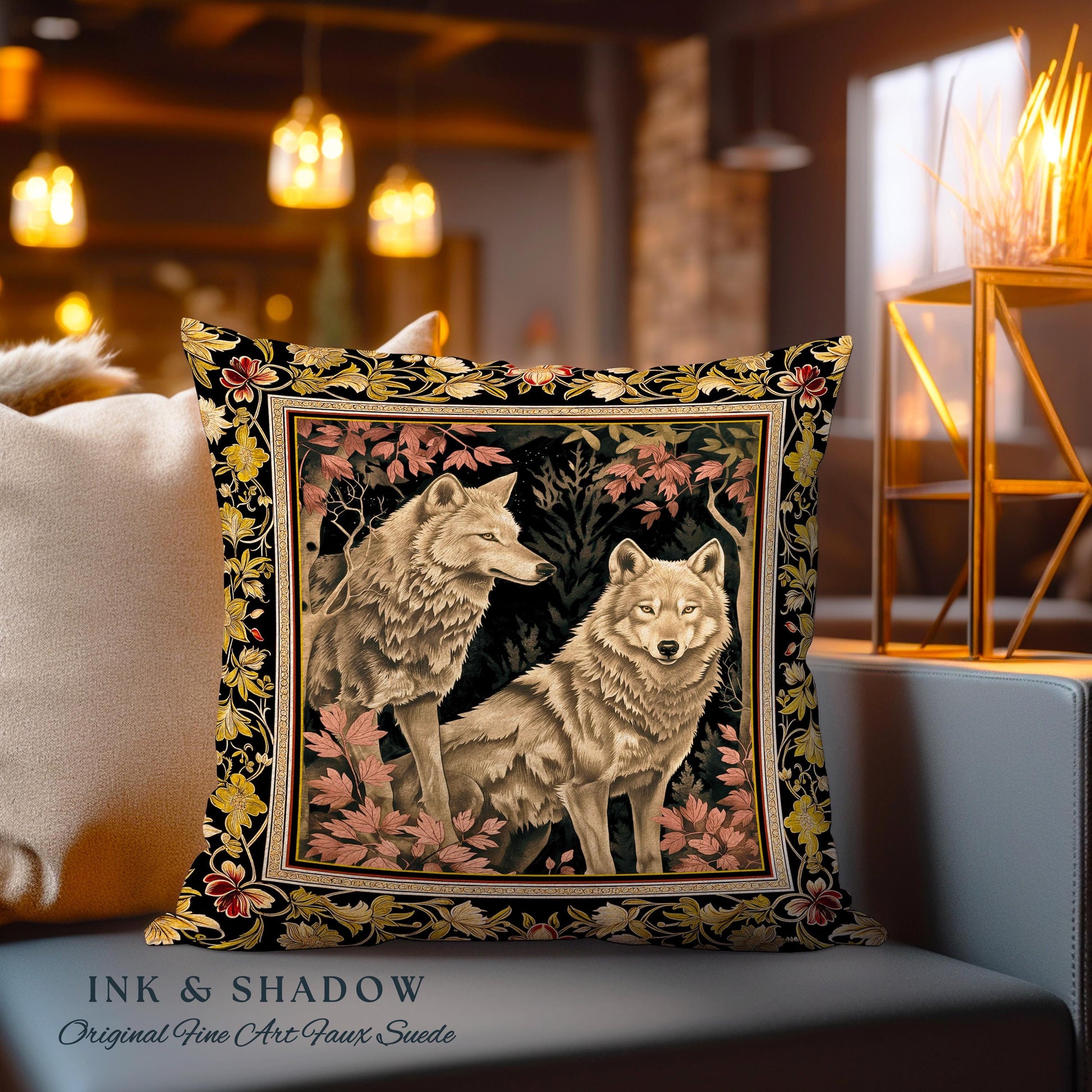 Scandi Woodland Wolf Pillow Nordic Style Whimsical Cottagecore Victorian Gothic Fairytale Decor Enchanted Forest Wolves Art Tapestry Cushion