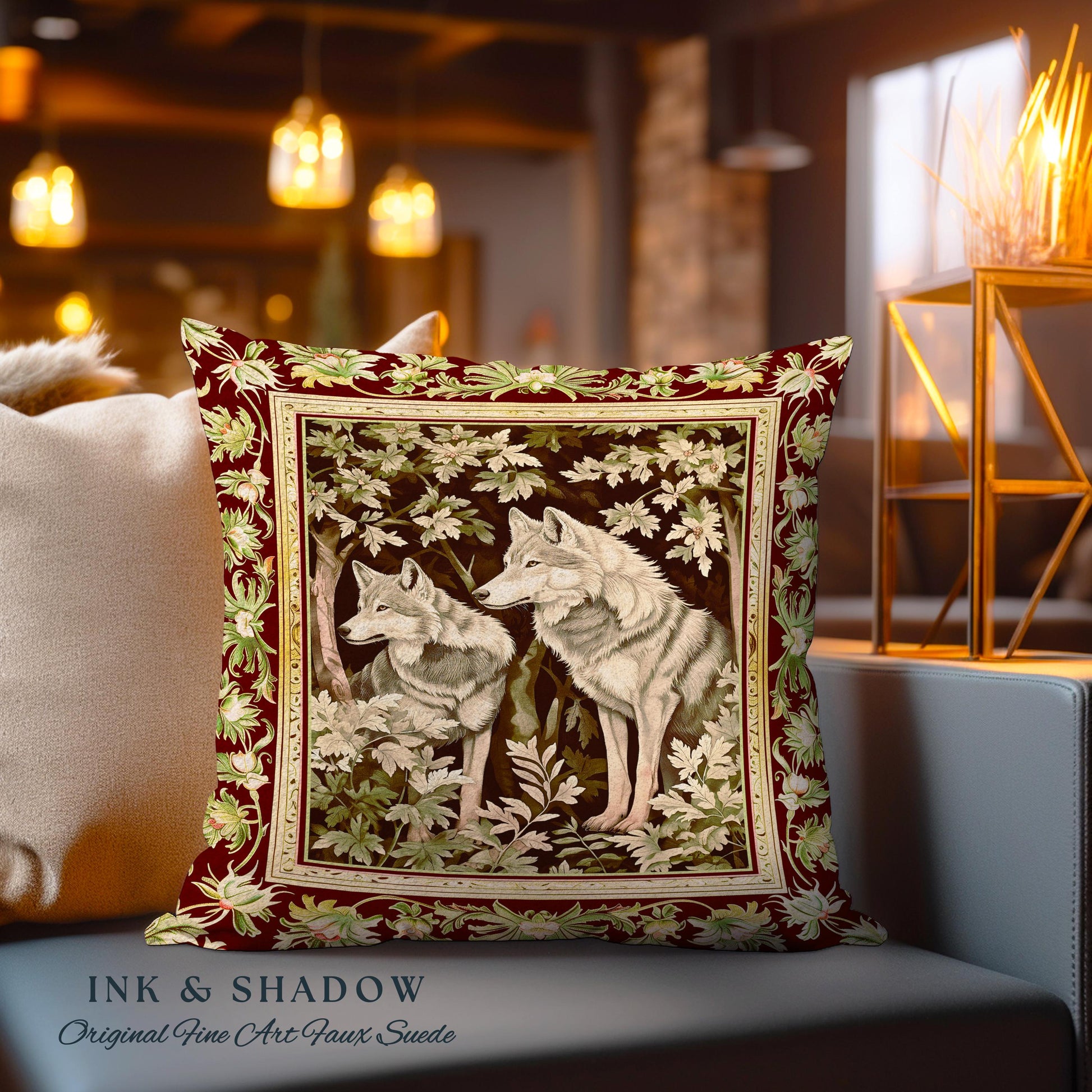 Ethereal Forest Wolves Art Pillow Enchanted Folklore Forestcore Tapestry Cushion, Whimsical Woodland Gothic Ornate Baroque Whimsy Fairycore