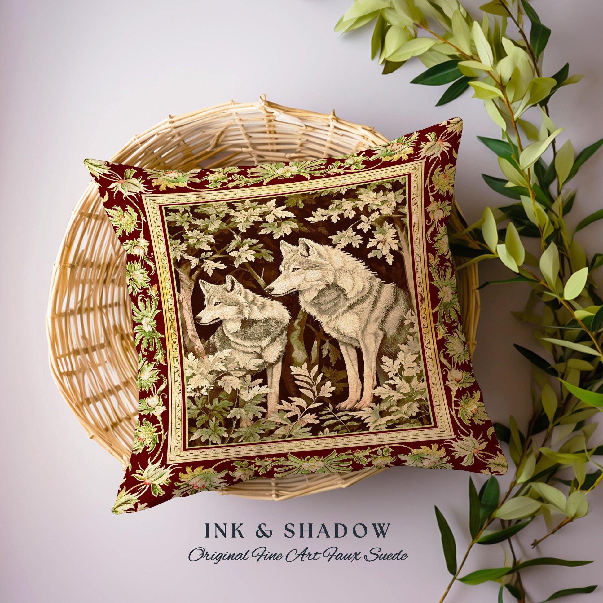 Ethereal Forest Wolves Art Pillow Enchanted Folklore Forestcore Tapestry Cushion, Whimsical Woodland Gothic Ornate Baroque Whimsy Fairycore