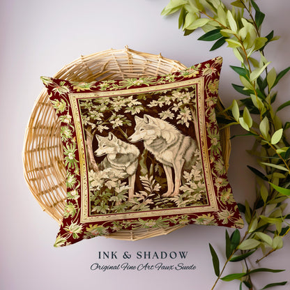 Ethereal Forest Wolves Art Pillow Enchanted Folklore Forestcore Tapestry Cushion, Whimsical Woodland Gothic Ornate Baroque Whimsy Fairycore