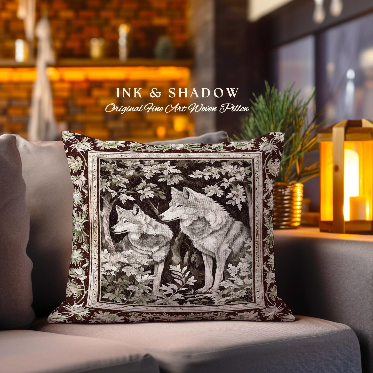 Ethereal Forest Wolves Art Pillow Enchanted Folklore Forestcore Tapestry Cushion, Whimsical Woodland Gothic Ornate Baroque Whimsy Fairycore