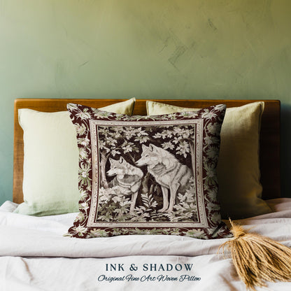 Ethereal Forest Wolves Art Pillow Enchanted Folklore Forestcore Tapestry Cushion, Whimsical Woodland Gothic Ornate Baroque Whimsy Fairycore