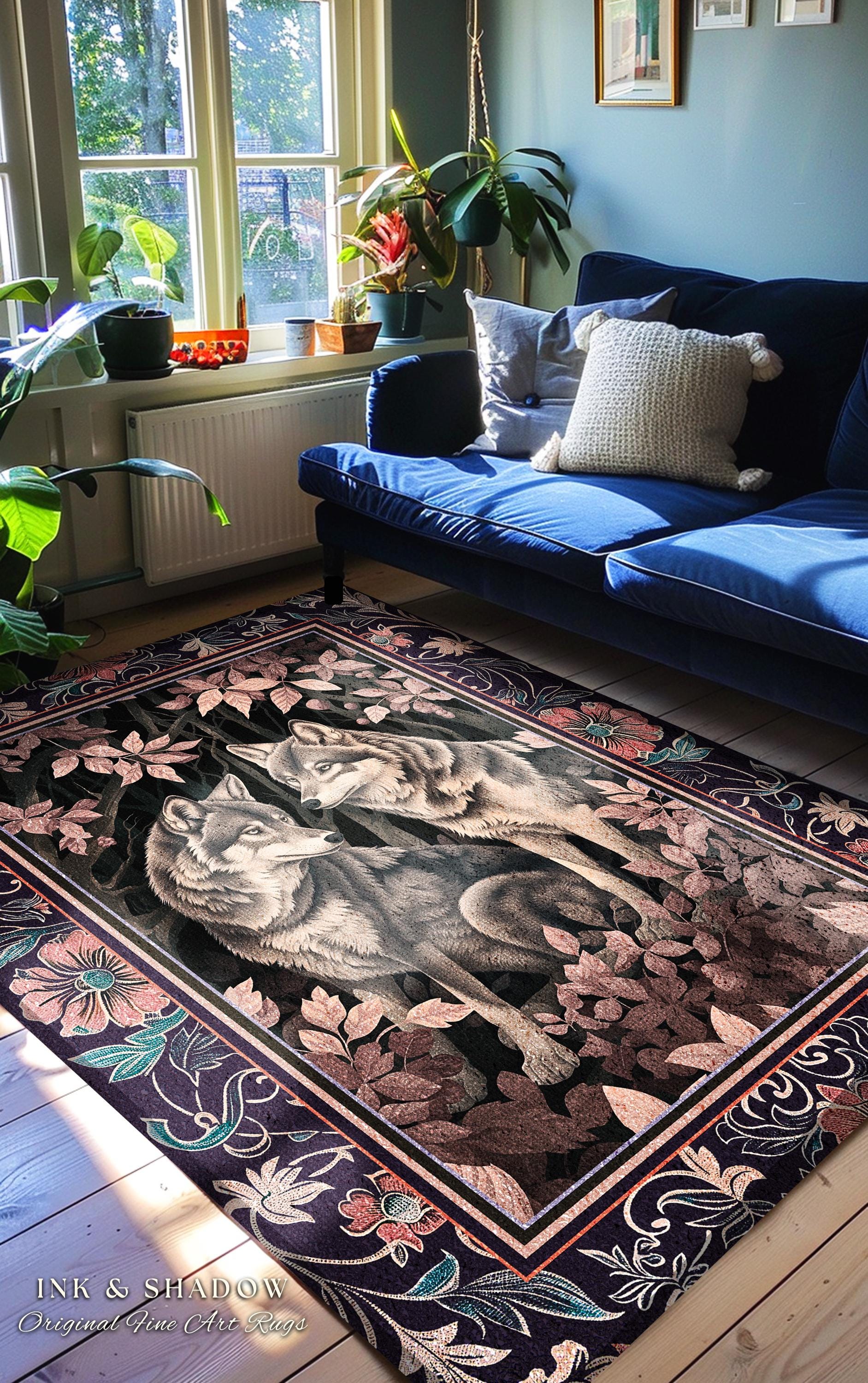 Mystic Wolf Woodland Gothic Rug Enchanted Forest Wolves Nature Art | Victorian Dark Cottagecore Vintage Botanical Aesthetic Whimsical Accent