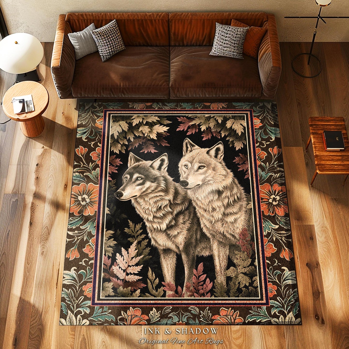 Victorian Gothic Wolf Rug Dark Enchanted Forest Antique Baroque Aesthetic, Whimsical Woodland Wolves Art Medieval Inspired Cottagecore Decor