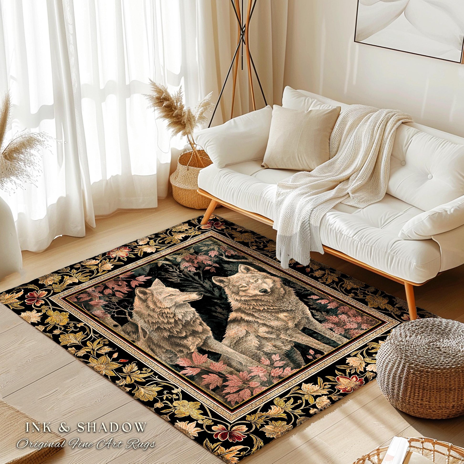 Scandi Woodland Wolf Rug Nordic Style Whimsical Cottagecore Decor | Victorian Gothic Fairytale Aesthetic Enchanted Forest Wolves Art Accent