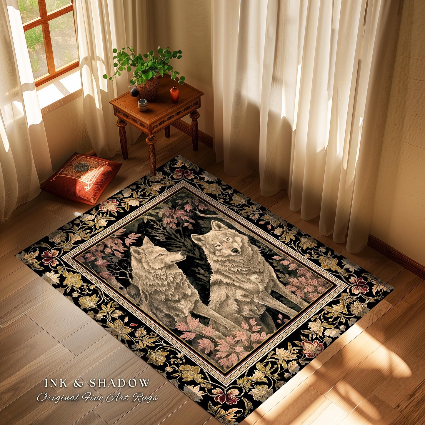 Scandi Woodland Wolf Rug Nordic Style Whimsical Cottagecore Decor | Victorian Gothic Fairytale Aesthetic Enchanted Forest Wolves Art Accent