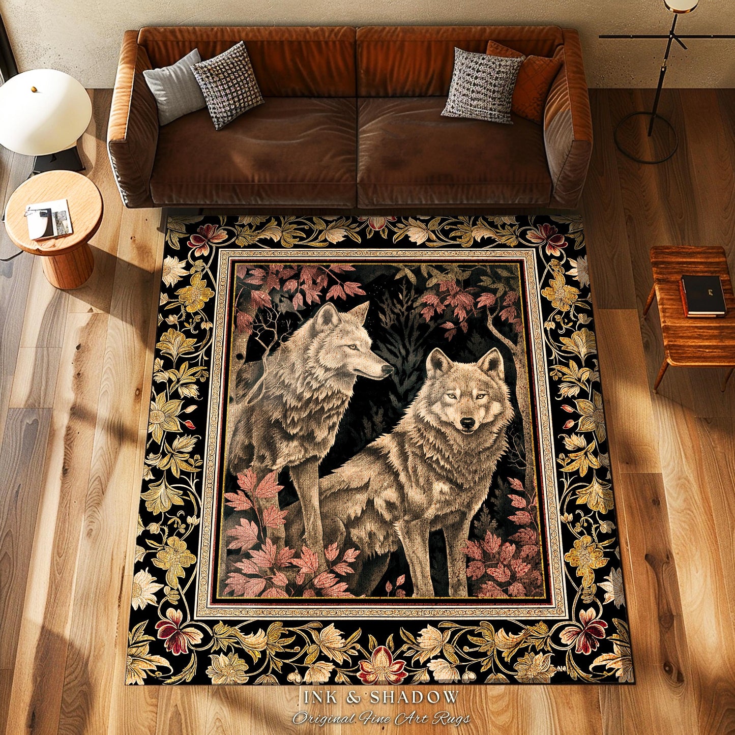 Scandi Woodland Wolf Rug Nordic Style Whimsical Cottagecore Decor | Victorian Gothic Fairytale Aesthetic Enchanted Forest Wolves Art Accent